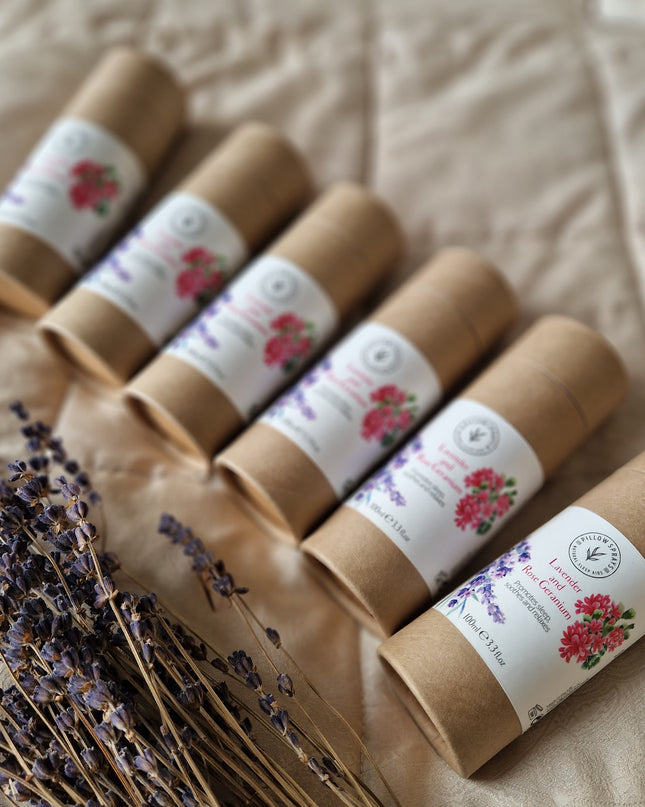 A bundle of 6 Lavender and Rose Geranium pillow sprays