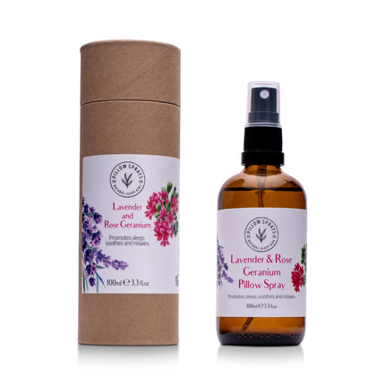 Lavender and Rose Geranium Pillow Spray, with tube packaging, on a white background