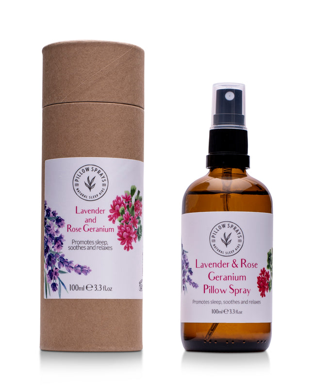 Lavender and Rose Geranium Pillow Spray, with tube packaging, on a white background